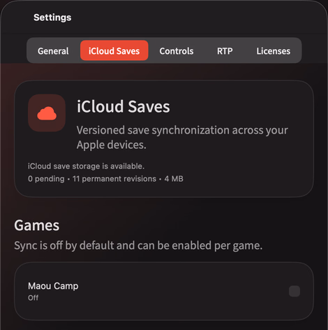 Actual macOS iCloud settings showing the Maou Camp example game, its sync switch disabled, and per-game synchronization controls