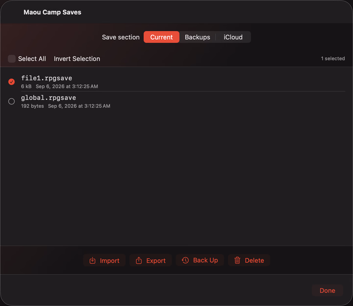 Maou Camp save manager on macOS, showing a real saved game in slot 1