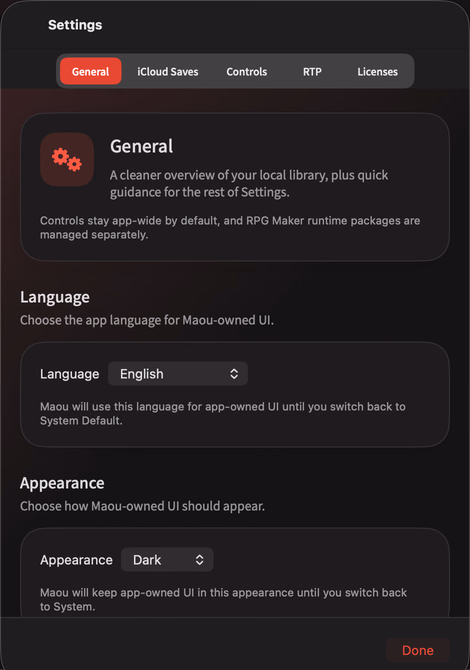 Current macOS General settings in English, showing language and appearance controls