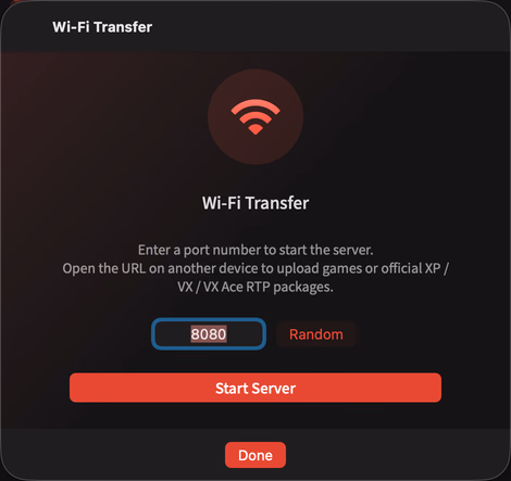 Current macOS Wi-Fi Transfer panel in English, with the default port 8080 and the server stopped