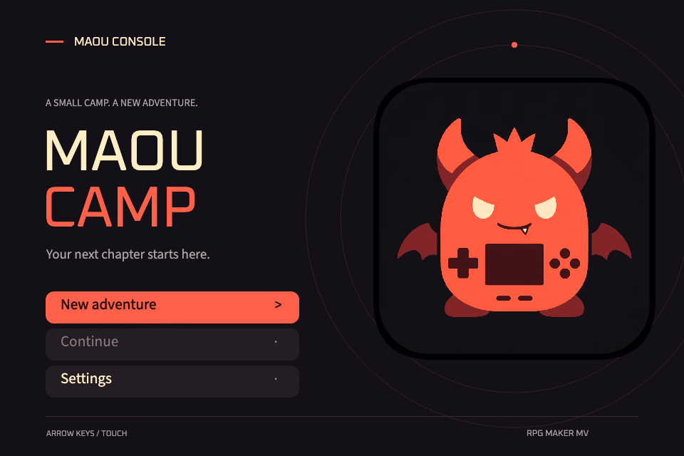 Maou Camp start menu with the Maou Console mascot and coral-red controls